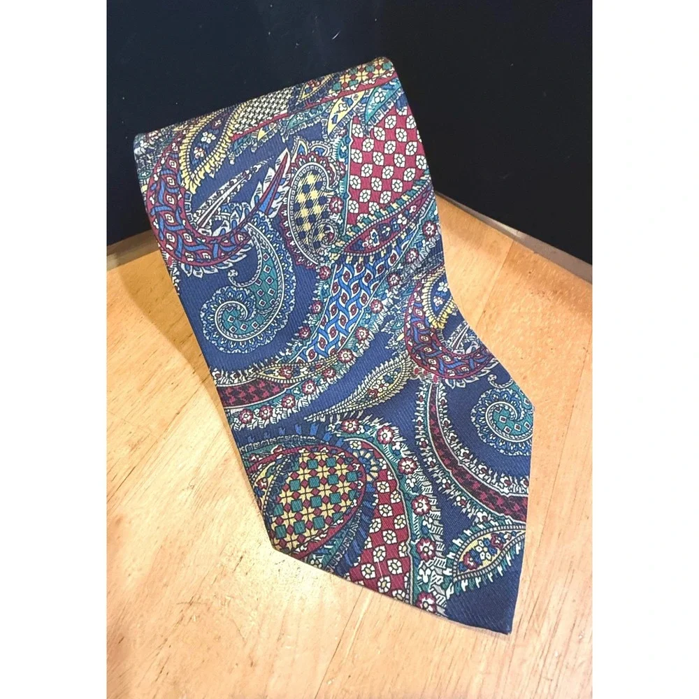 Vintage Meddens Mens Navy Blue Paisley Silk Tie Made in Italy Multi Color